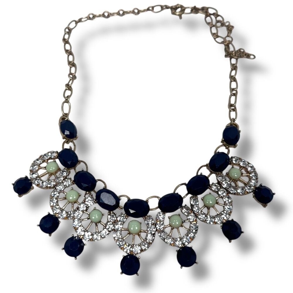 Vintage Gold Tone Statement Necklace Blue Green Rhinestone Boho Costume Jewelry